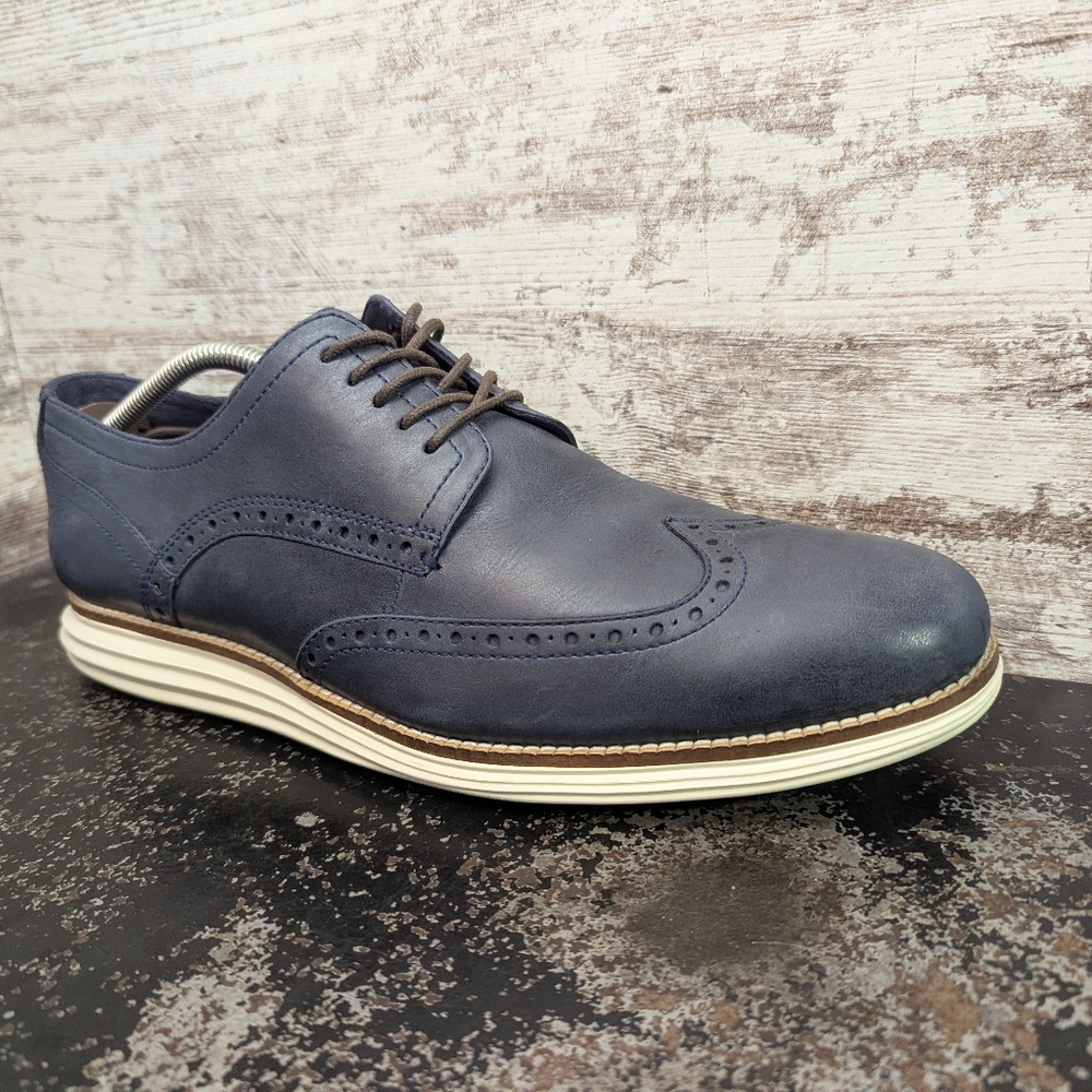 Mens Cole Haan Original Grand Wingtip Oxford Shoes Sz 11.5 Navy Blue C30563 - Picture 2 of 9